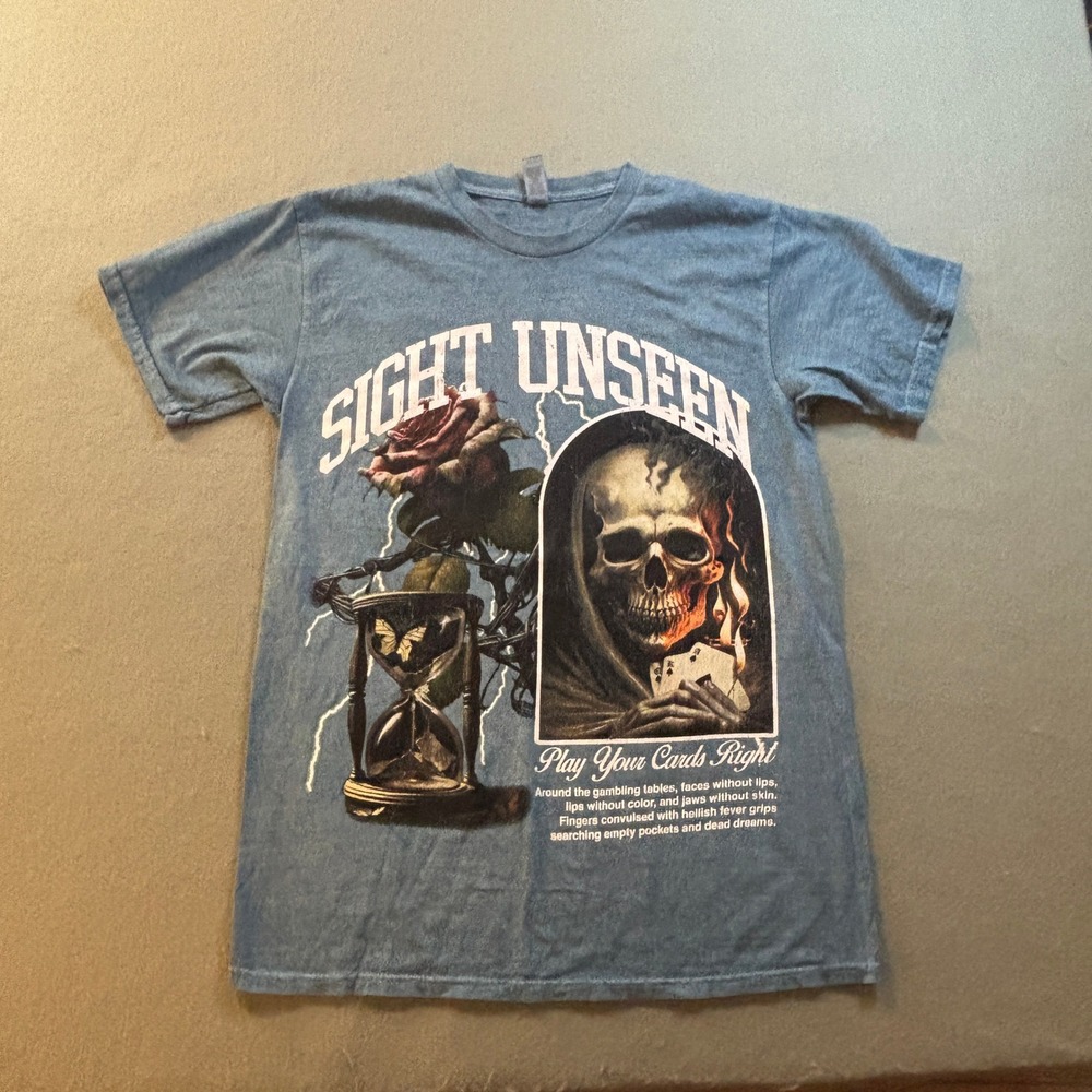 Sight Unseen Play Your Cards Right T-Shirt Mens M Blue Skull Hourglass Rose NWOT